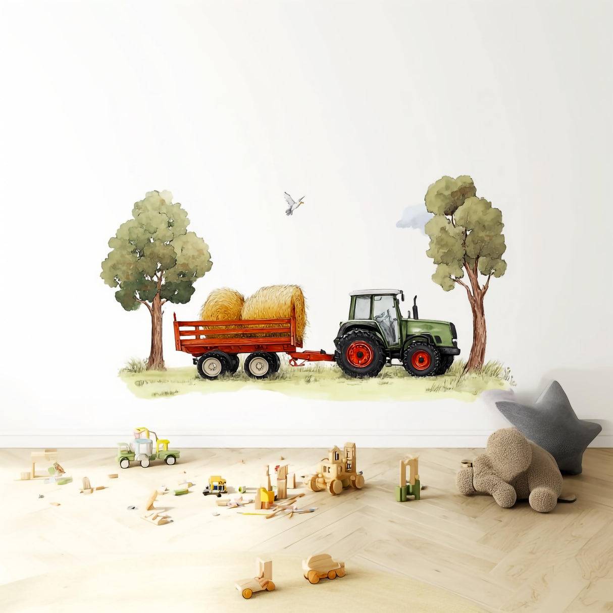 Farm tractor wall decal with hay bales and trees, perfect for kids room decor and nursery art.