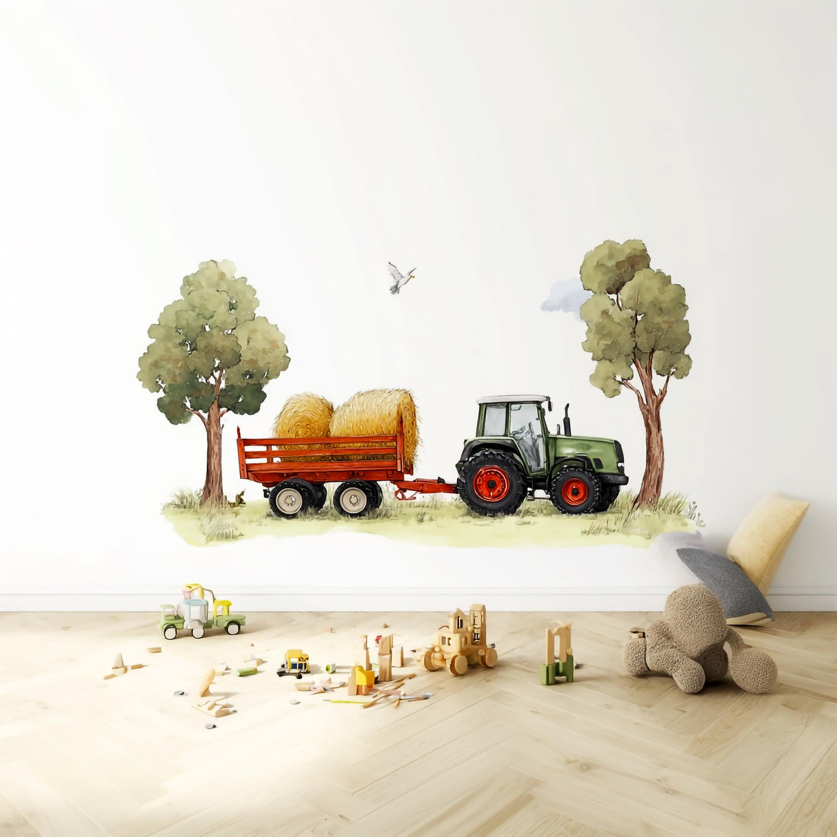 Farm tractor wall decal with hay bales and trees, perfect nursery wall art for kids' rooms.