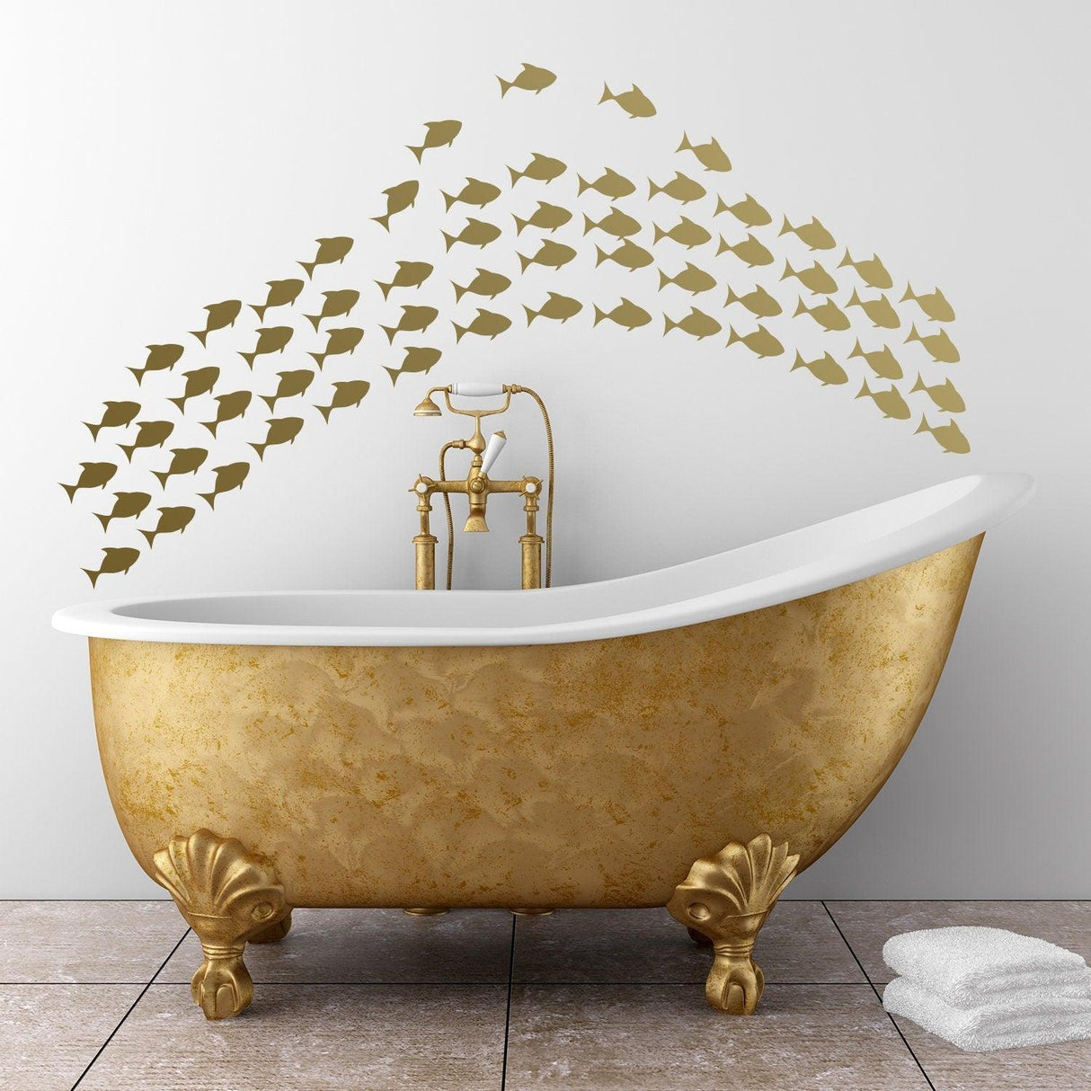 Underwater Oasis Fish Wall Decal above a vintage gold bathtub, adding a cute and artistic touch to bathroom decor.
