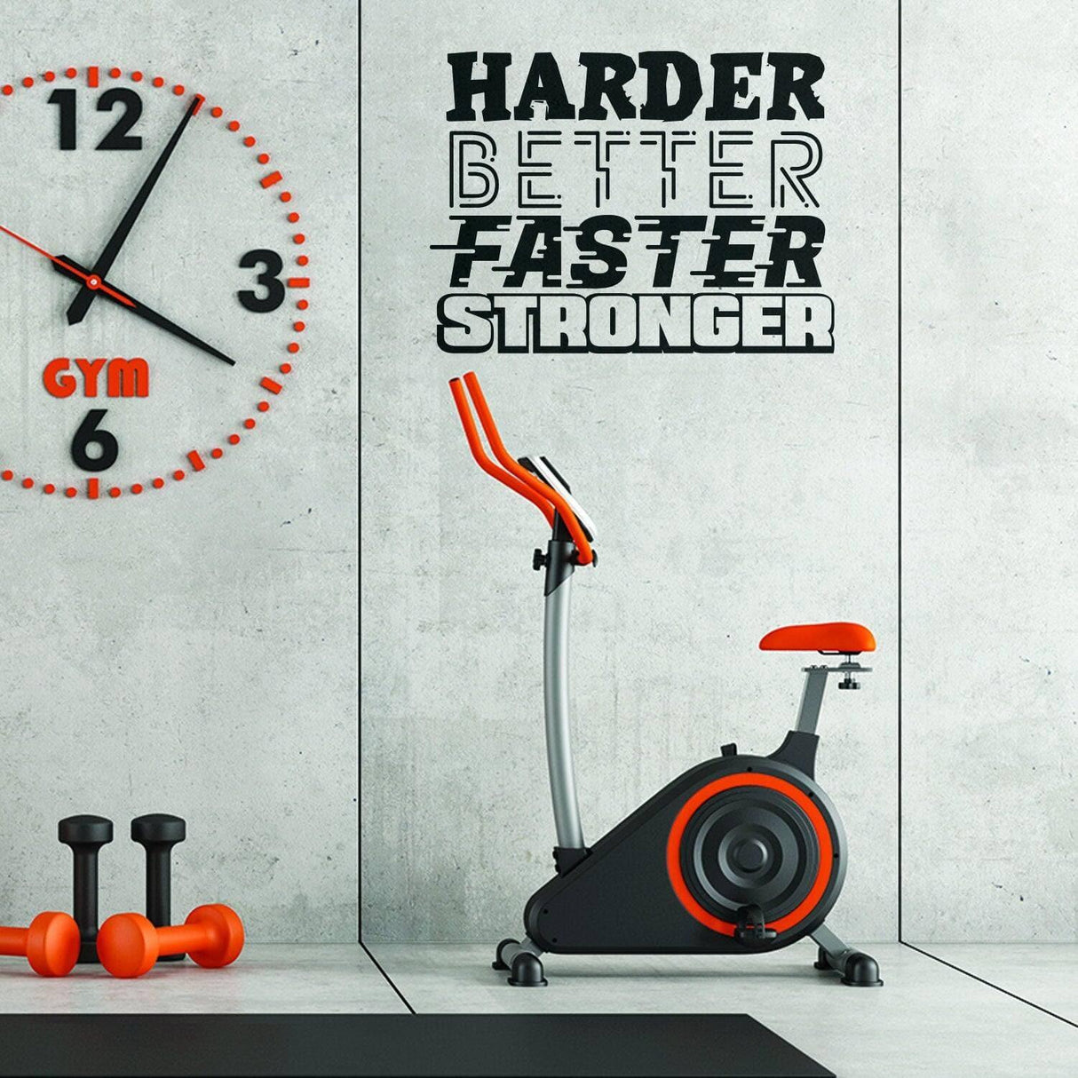 Fitness motivational wall decal 'Harder Better Faster Stronger' above exercise bike in modern gym setting.
