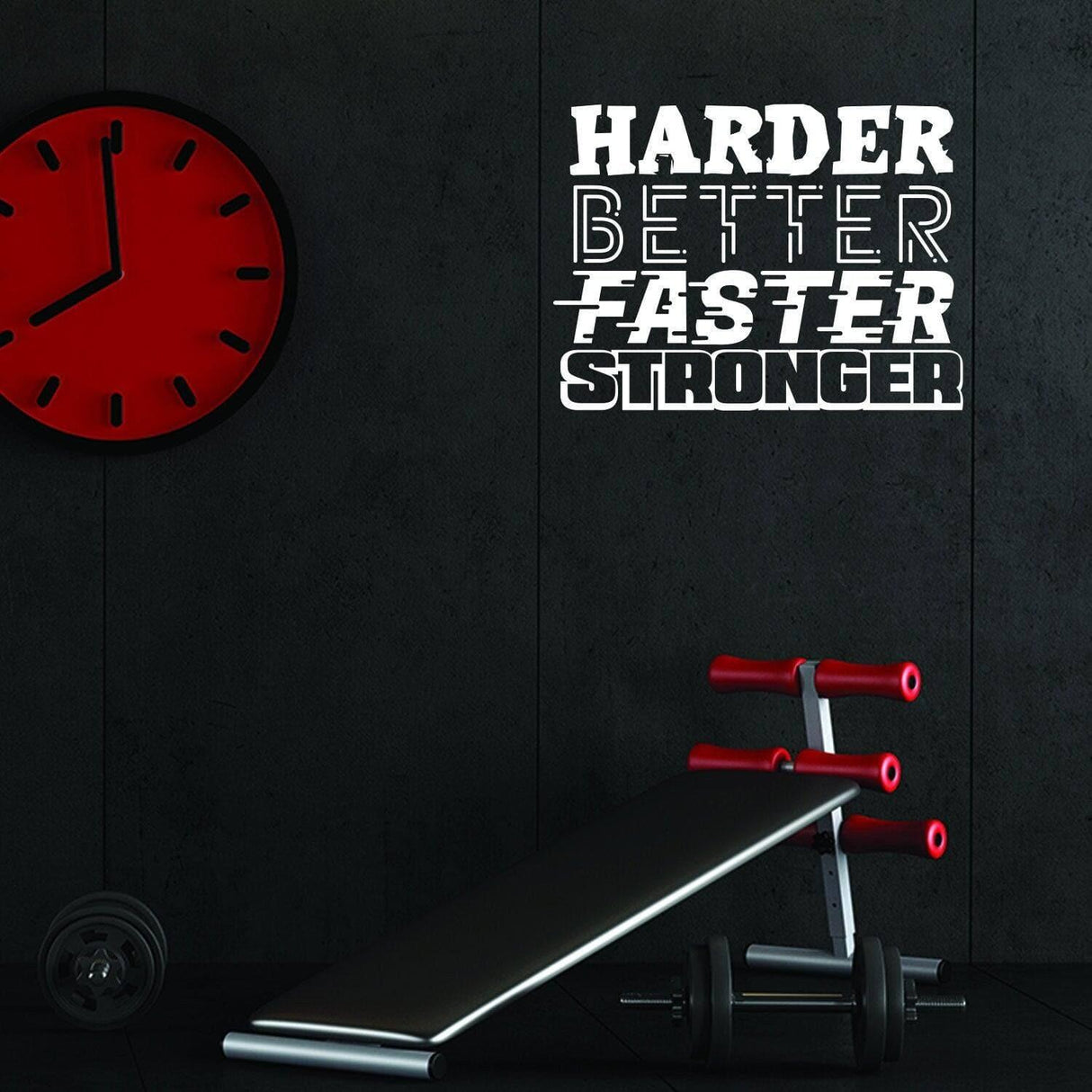 Fitness motivational wall decal reads 'Harder, Better, Faster, Stronger' in a modern gym setting.