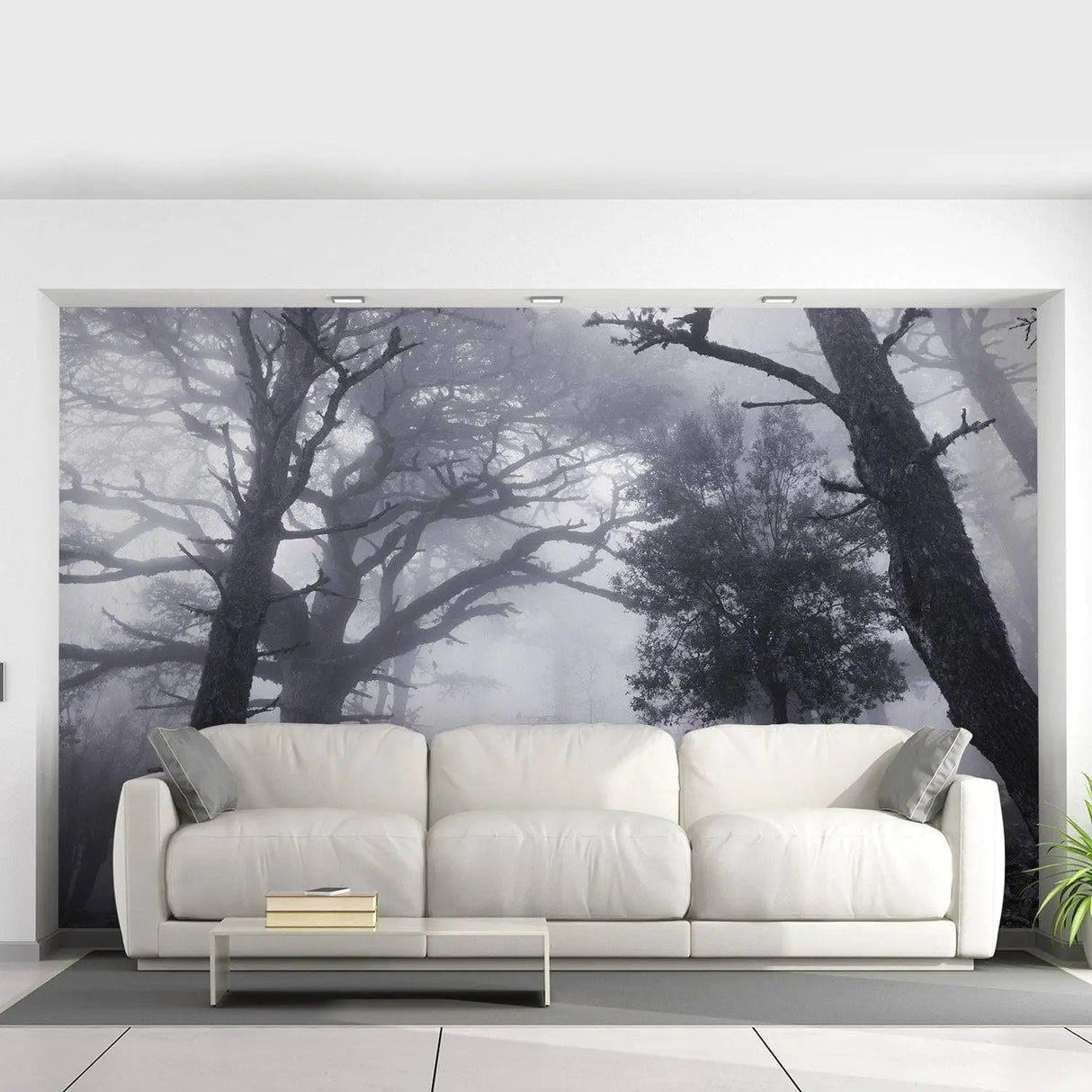 Misty Forest Wall Mural featuring foggy trees, creating a serene atmosphere in a modern living room.