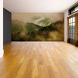 Misty Pine Hill Dreamscape Wall Covering featuring a foggy forest mural in a stylish room interior.