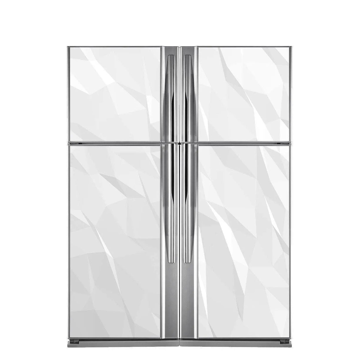 Stylish deluxe refrigerator with a modern geometric design and sleek silver handles.