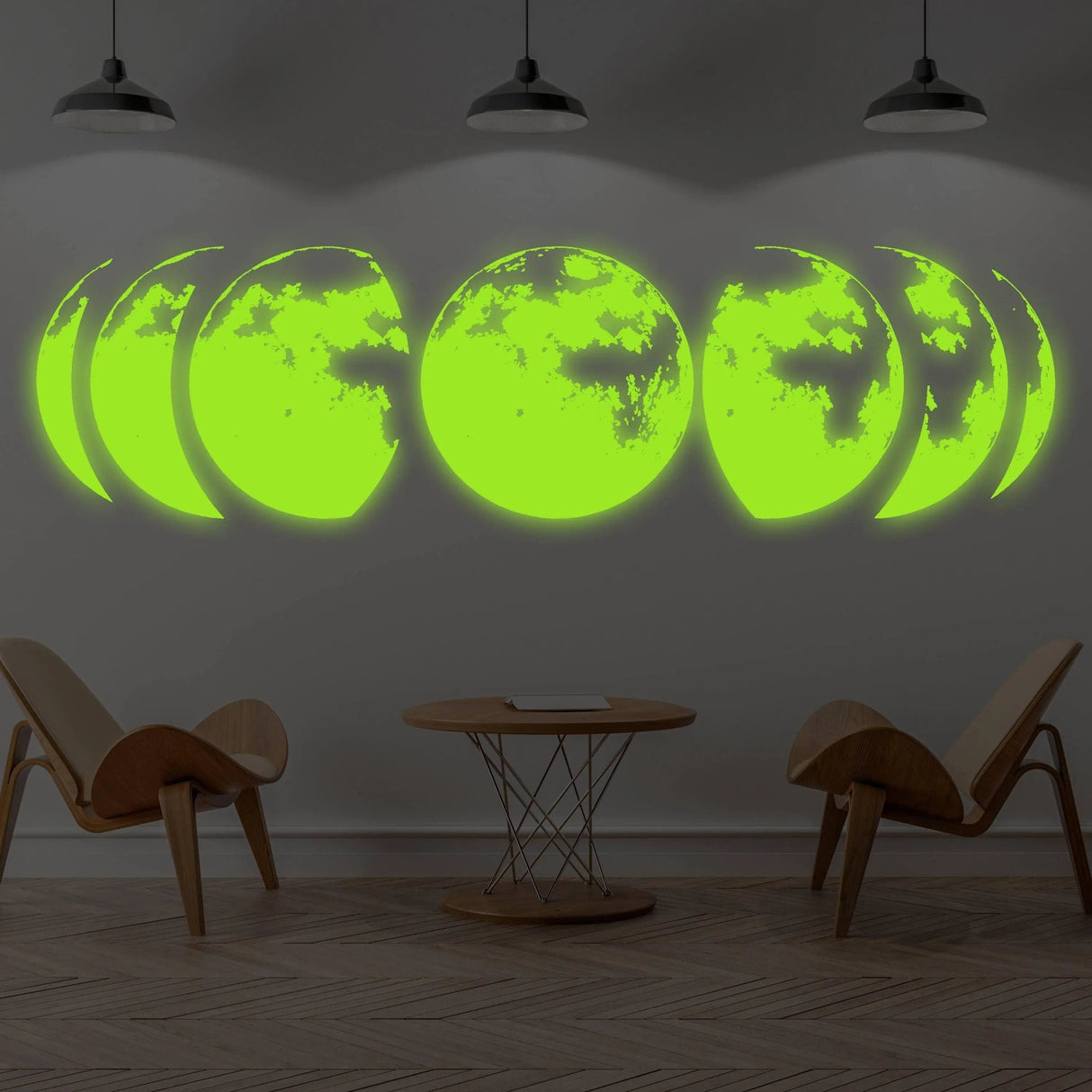 Lunar Glow Wall Art featuring glowing moon phases, perfect for creating a celestial ambiance in any room.