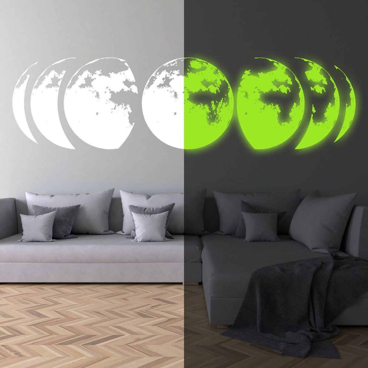 Glow in the dark moon phases wall art displayed above a modern sofa, creating a celestial ambiance in a living room.
