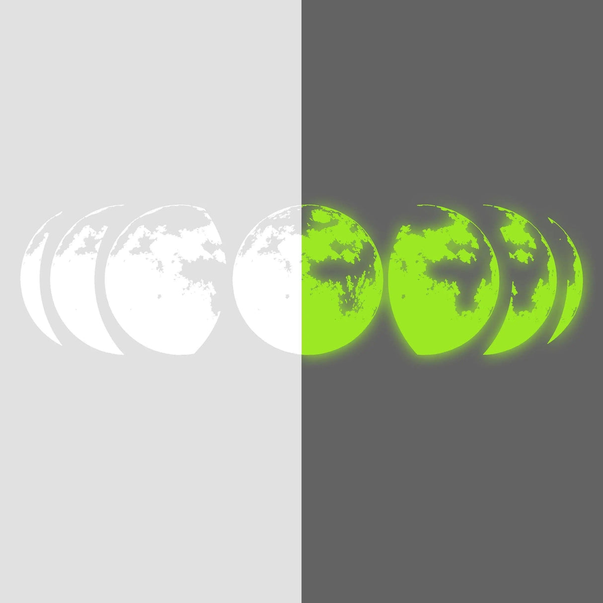 Glow in the dark moon phases wall art showcasing Earth's phases, ideal for celestial-themed decor.