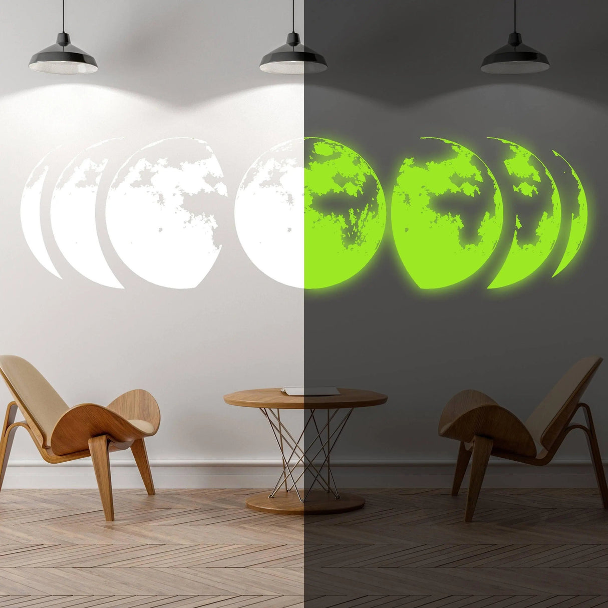 Lunar Glow Wall Art showcasing glowing moon phases on a modern wall, illuminated in vibrant green against a stylish room.