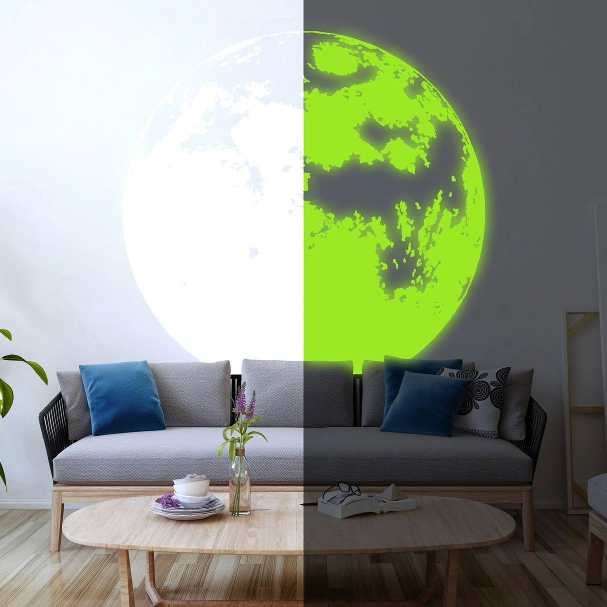 Glow in the dark moon wall decor showcasing bright lunar design in a cozy living room setting.