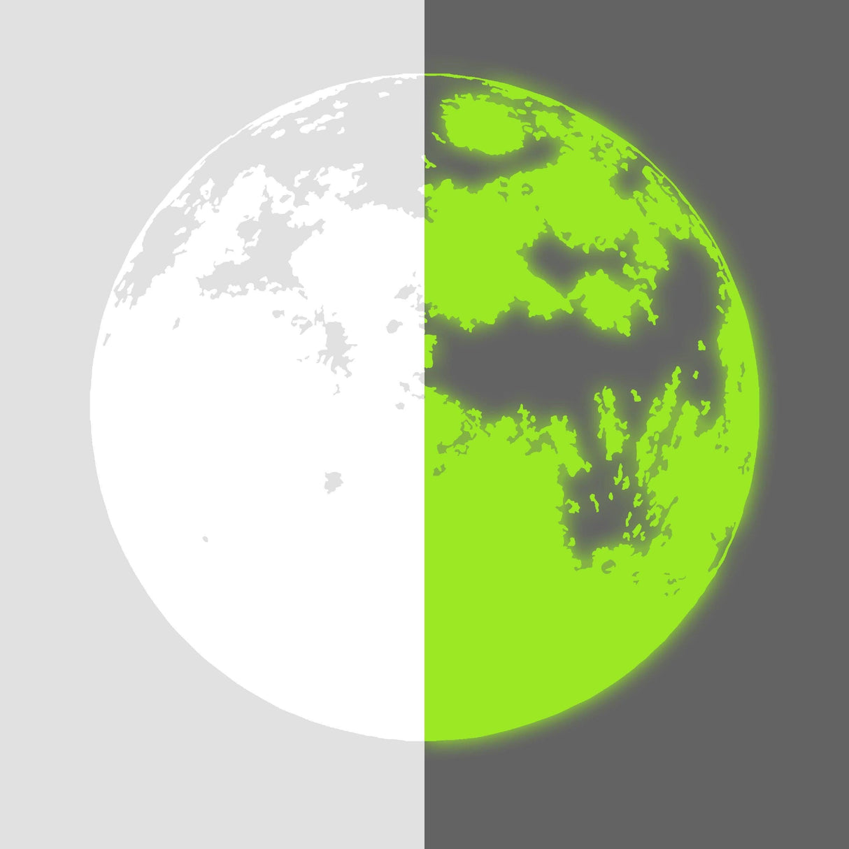 Glowing moon wall decor design showcasing half white and half luminous green for celestial-themed room decoration.