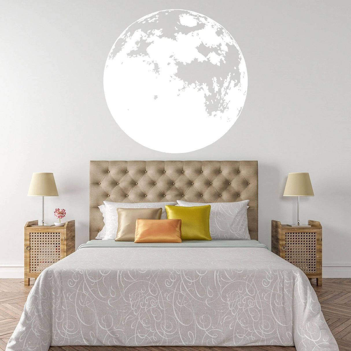 Glowing Moon Wall Decor above a cozy bed in a beautifully styled bedroom, enhancing the lunar theme of the room.