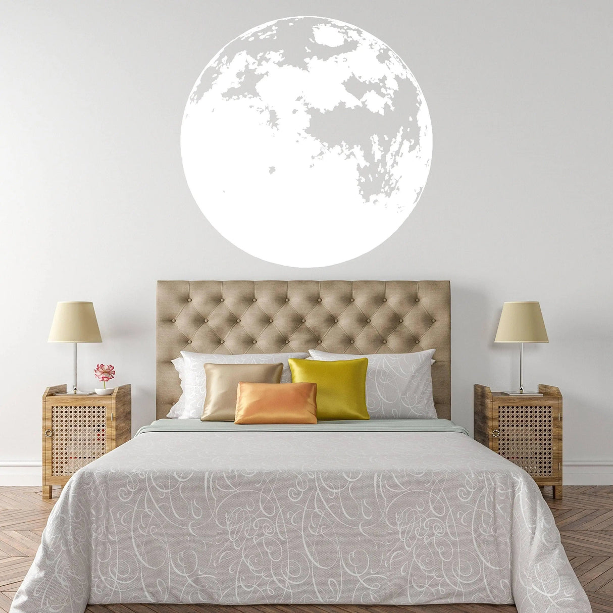 Luminous lunar wall decal in a child's bedroom, creating a magical atmosphere with a glow-in-the-dark moon design.
