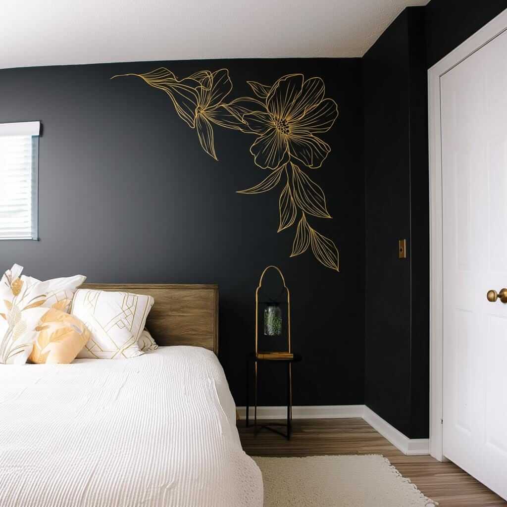 Elegant gold floral corner wall decal in a modern black bedroom, enhancing minimalist decor and providing a chic visual accent.