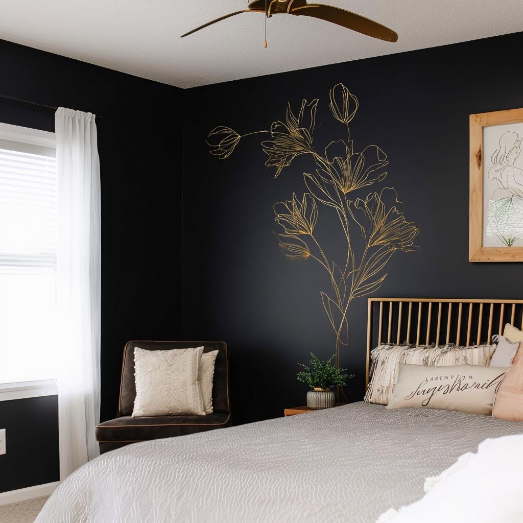Gold floral line art wall decal in a modern black bedroom, adding elegance and style to the corner space.