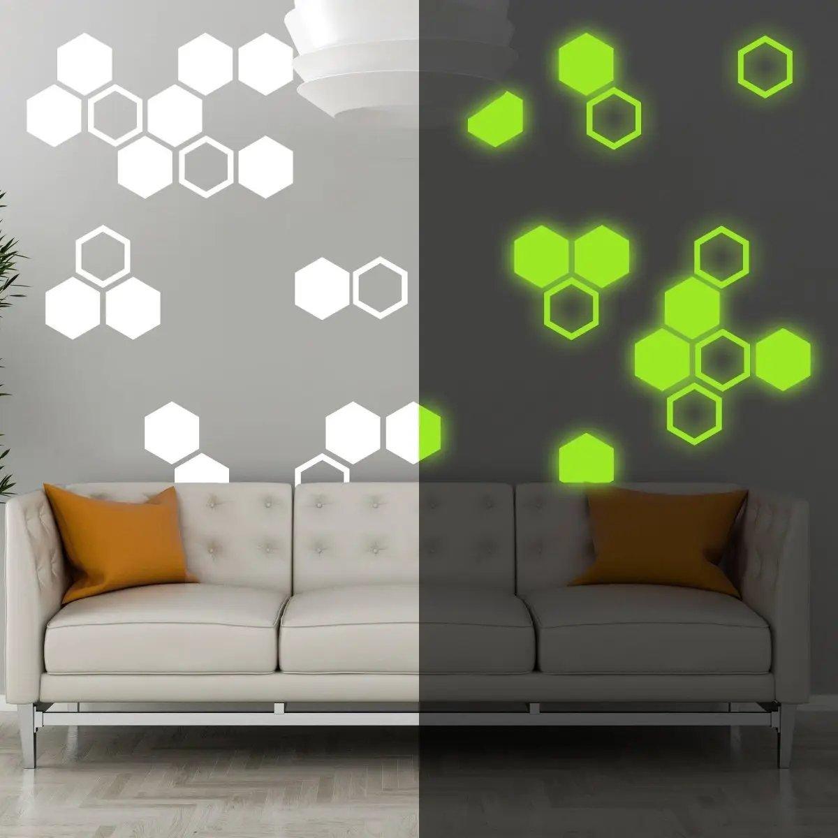 Hexagon glow in the dark wall stickers showcased on a bright and dark wall, enhancing children's room decor.