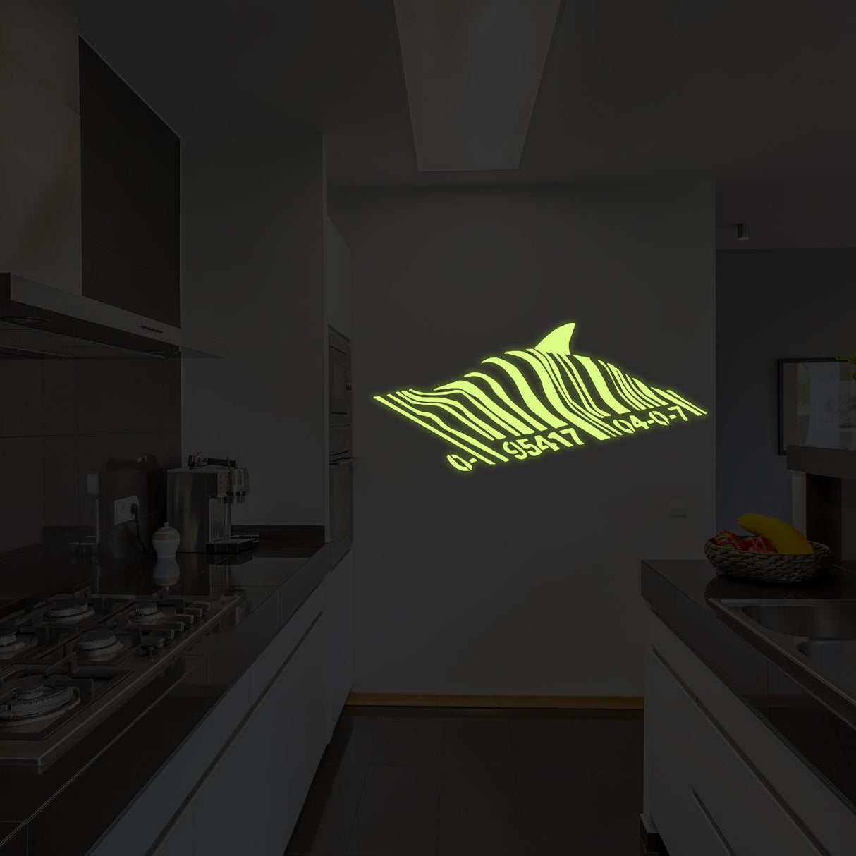 Glow In Dark Banksy Barcode Shark Wall Sticker - Night Glowing Swimming Fish Under Bar Code Vinyl Decal