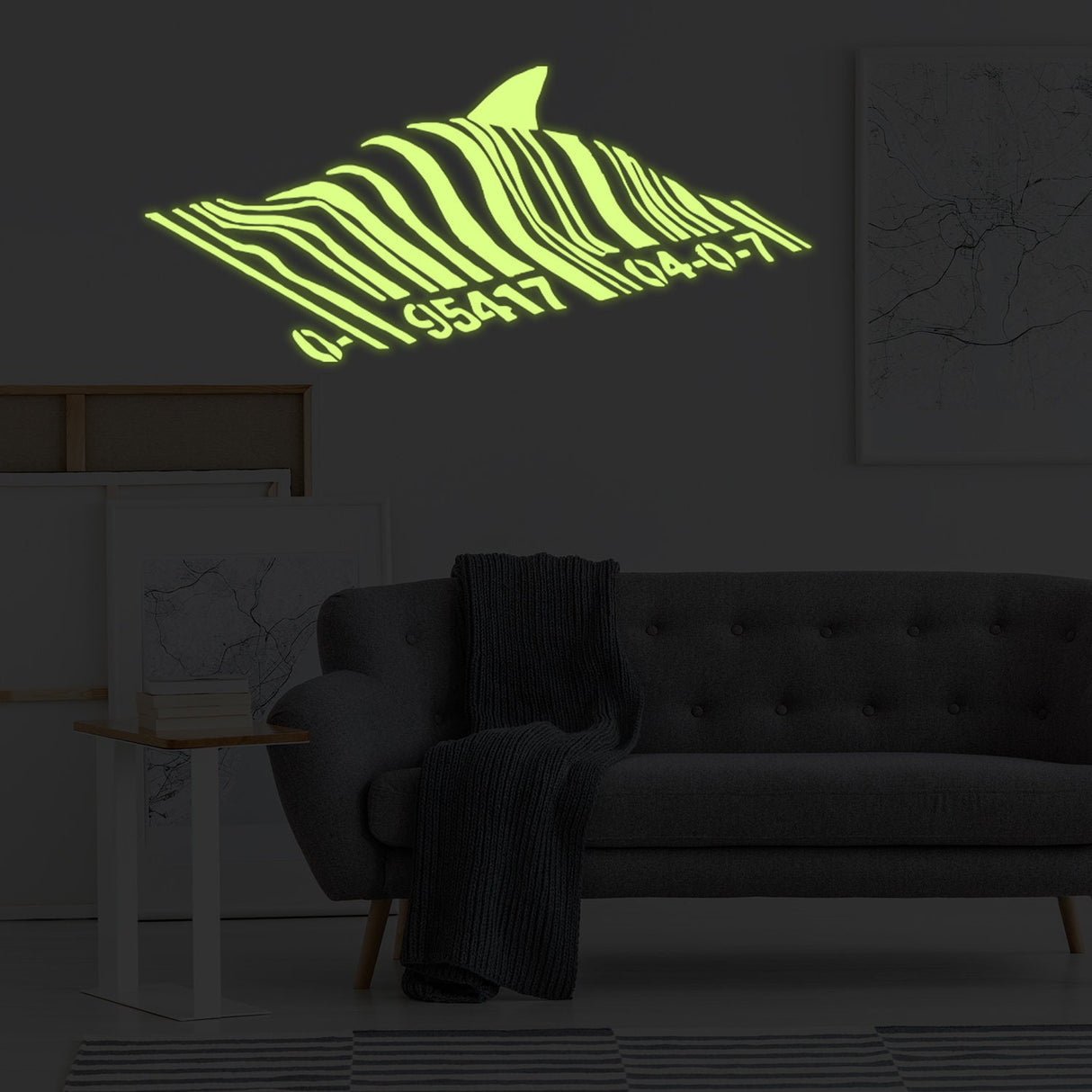 Glow In Dark Banksy Barcode Shark Wall Sticker - Night Glowing Swimming Fish Under Bar Code Vinyl Decal