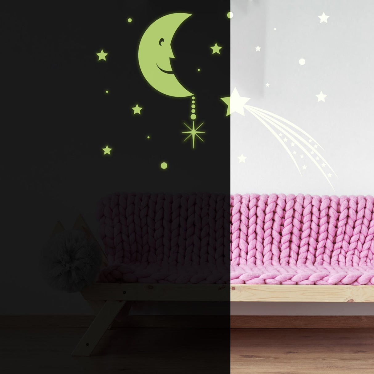 Glowing Moon with Stars Sky Sticker - Glow in the Dark Falling Star Decor Decals