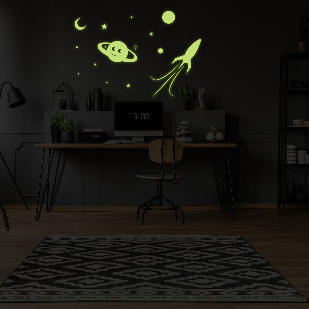 Glowing Planet Rocket, Stars, Moon Ceiling Sticker - Glow in the Dark Wall Decal