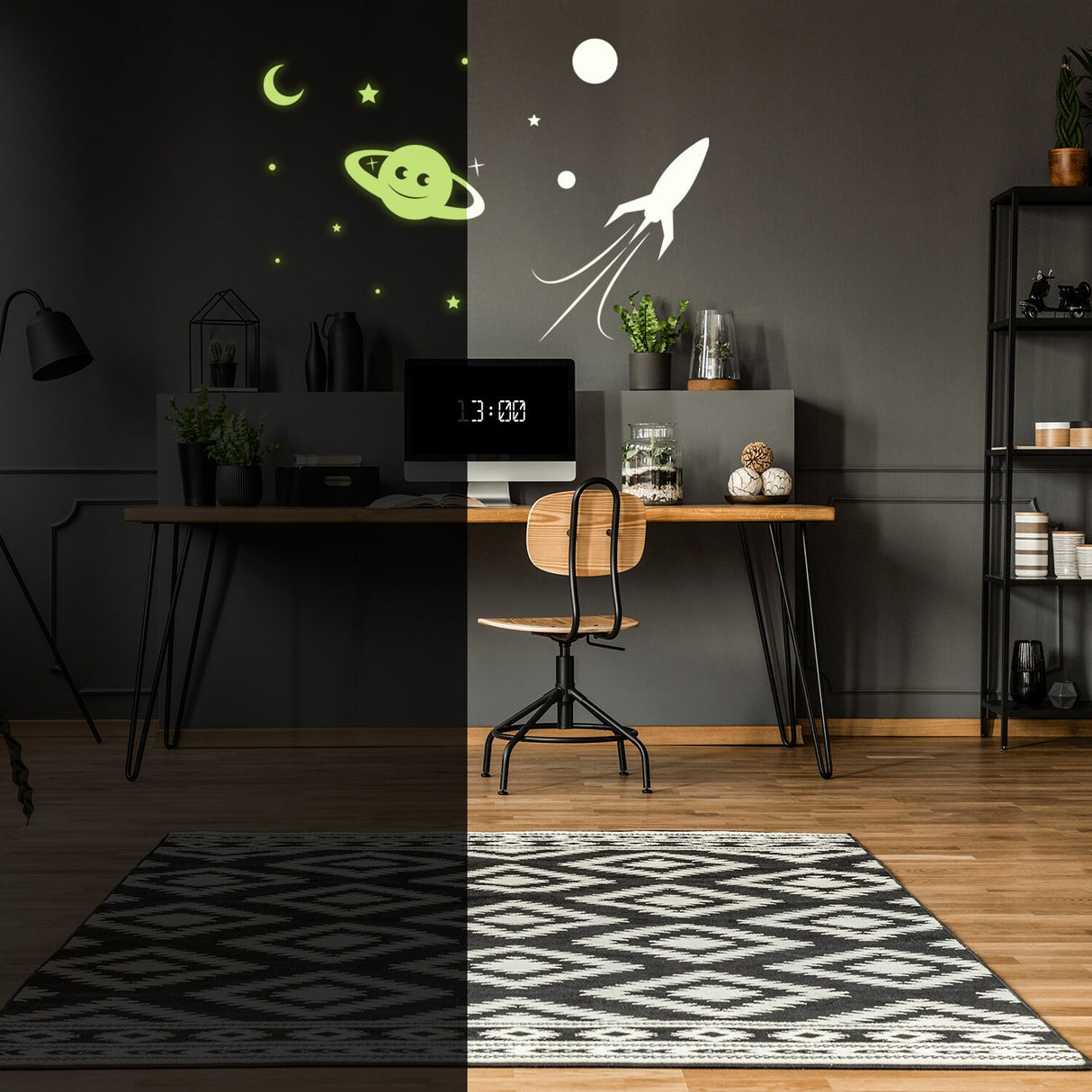 Glowing Planet Rocket, Stars, Moon Ceiling Sticker - Glow in the Dark Wall Decal