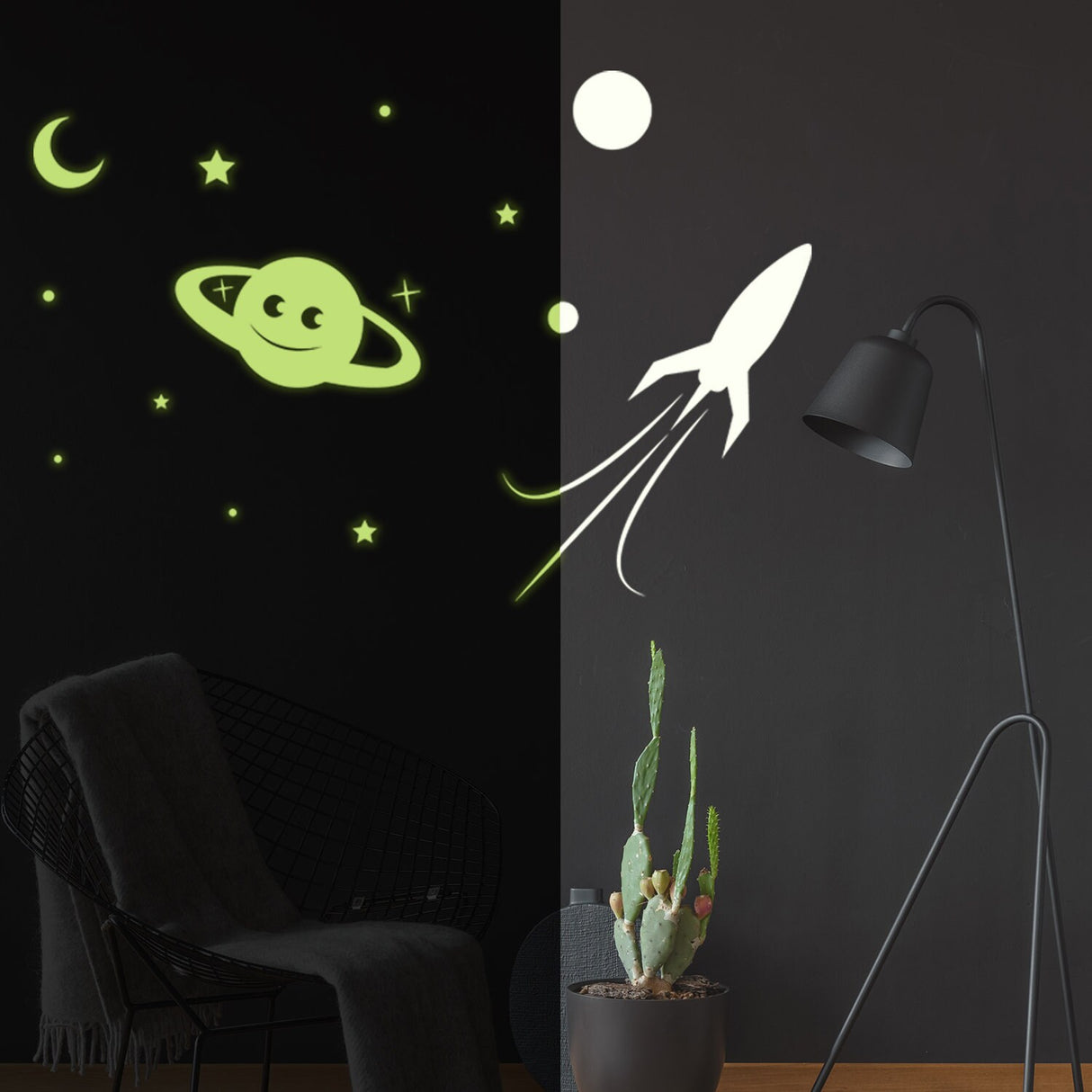 Glowing Planet Rocket, Stars, Moon Ceiling Sticker - Glow in the Dark Wall Decal