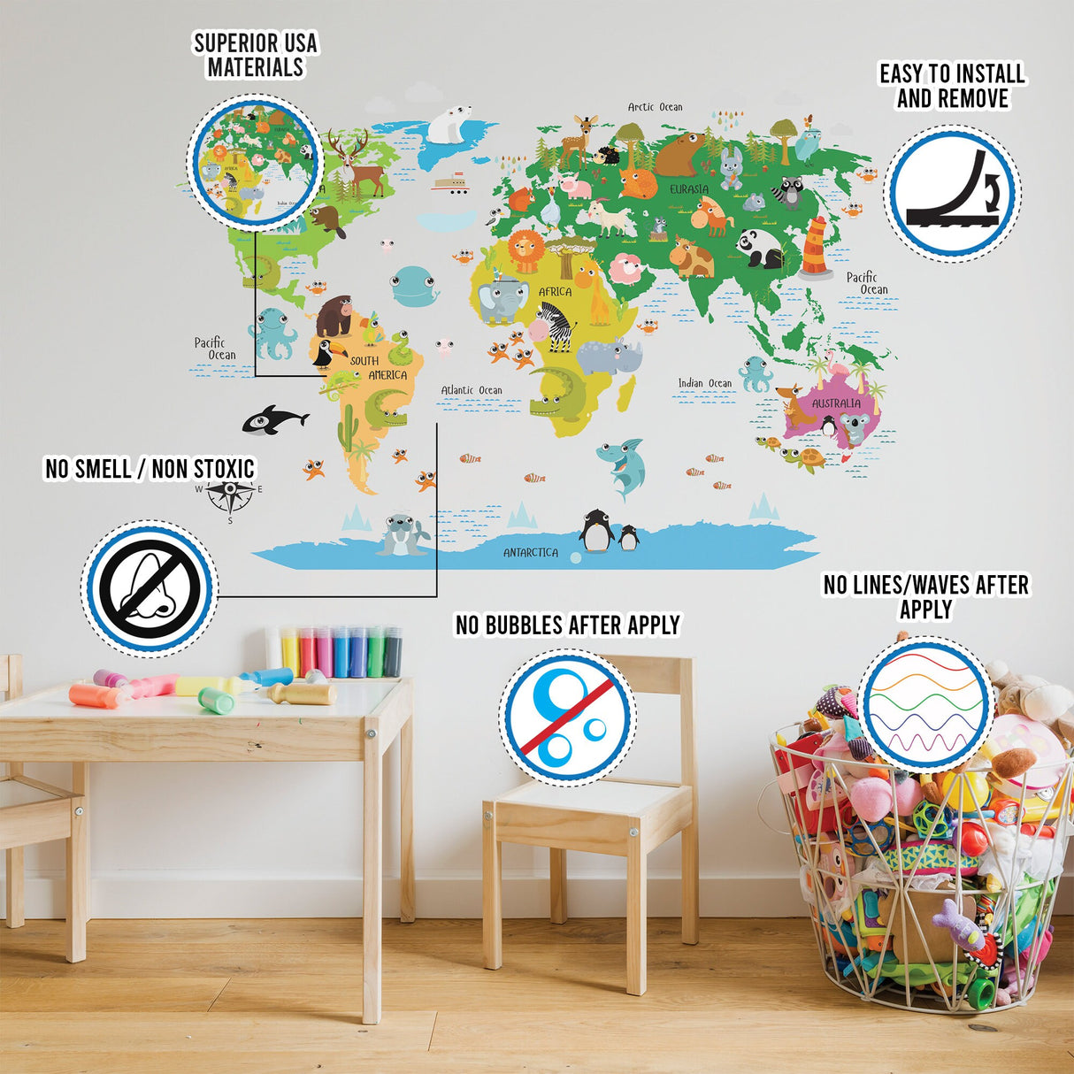 Kids World Map Wall Decal - Country Animal Room Decor Vinyl Sticker For Nursery