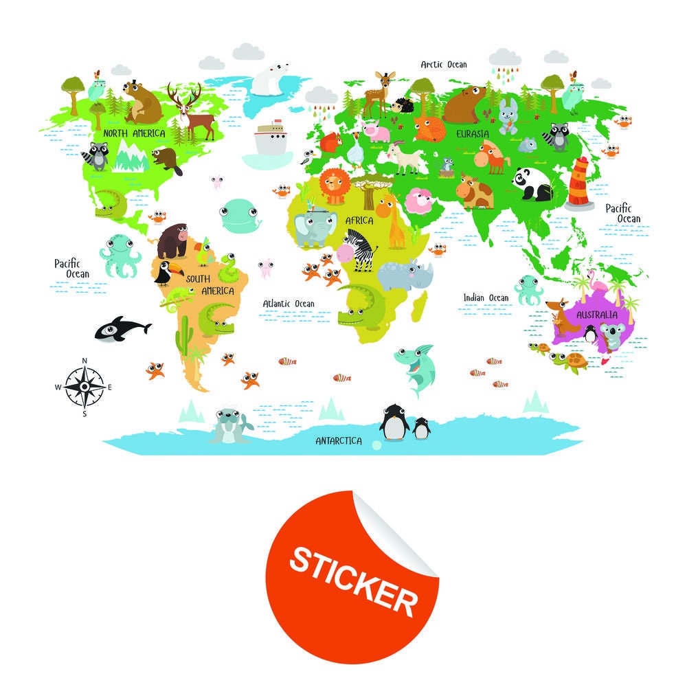Kids World Map Wall Decal - Country Animal Room Decor Vinyl Sticker For Nursery