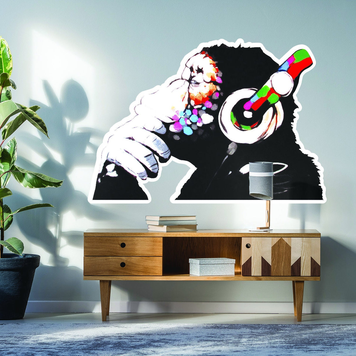 Banksy Monkey With Headphones Wall Sticker - Large Bansky Thinking Dj Chimp Vinyl Decal