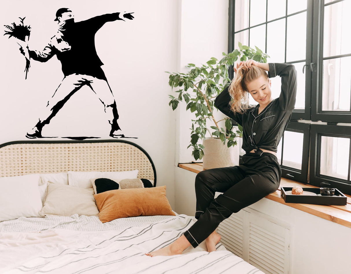 Banksy Flower Thrower Wall Decal - Street Art Graffiti Vinyl Decor Sticker