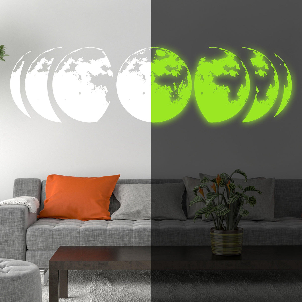 Glow-in-the-dark planet wall stickers illuminating a living room at night, showcasing vibrant green glow and modern decor.