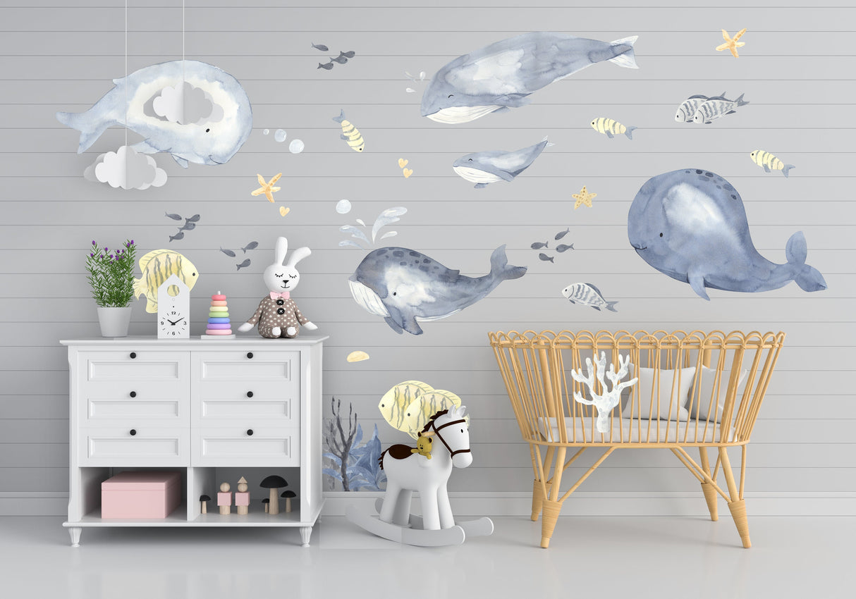 Ocean Whales Wall Sticker For Kids Room Decor - Fish Theme Baby Boy Nursery Decal