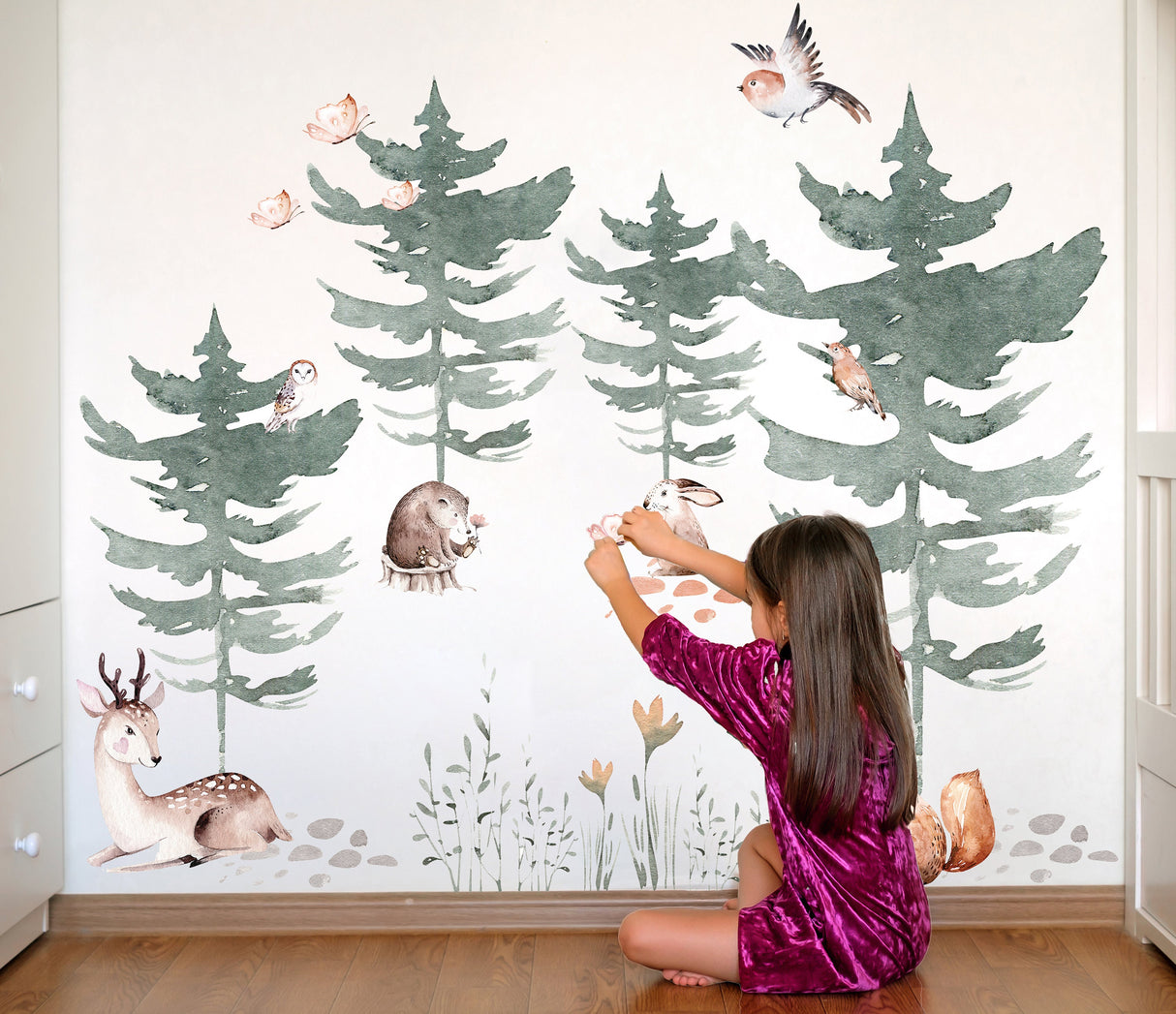 Forest Animals and Trees Wall Decal for Kids Room - Nursery Woodland Stickers with Watercolor Tree