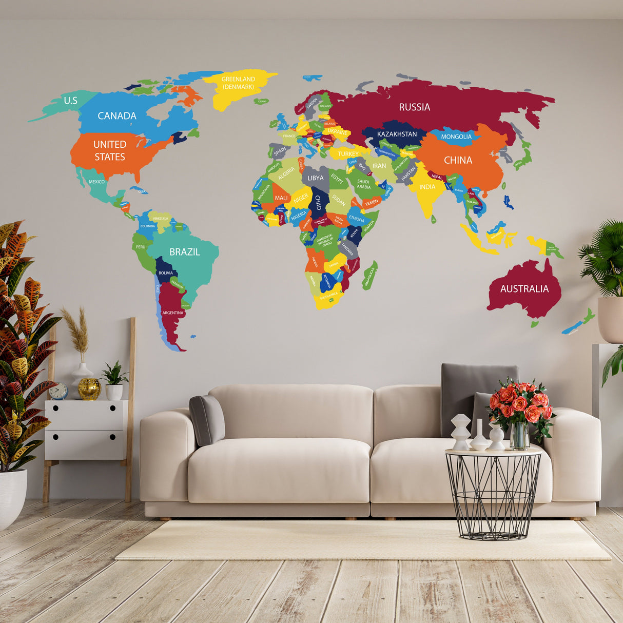 Large World Map Wall Decal - Giant Travel Globe with Country Names Vinyl Sticker