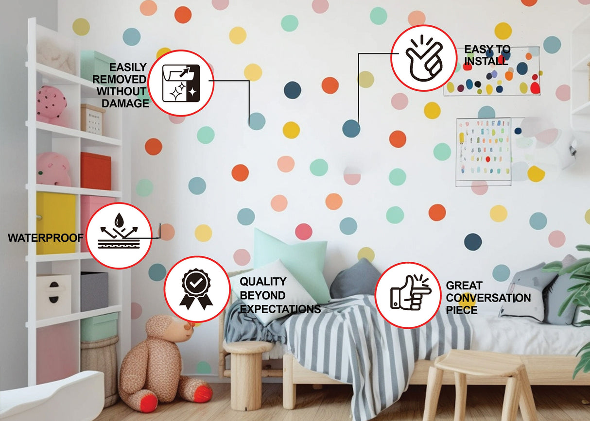 50x Kids Playroom Round Dots Decals - Watercolor Play Sign Stickers