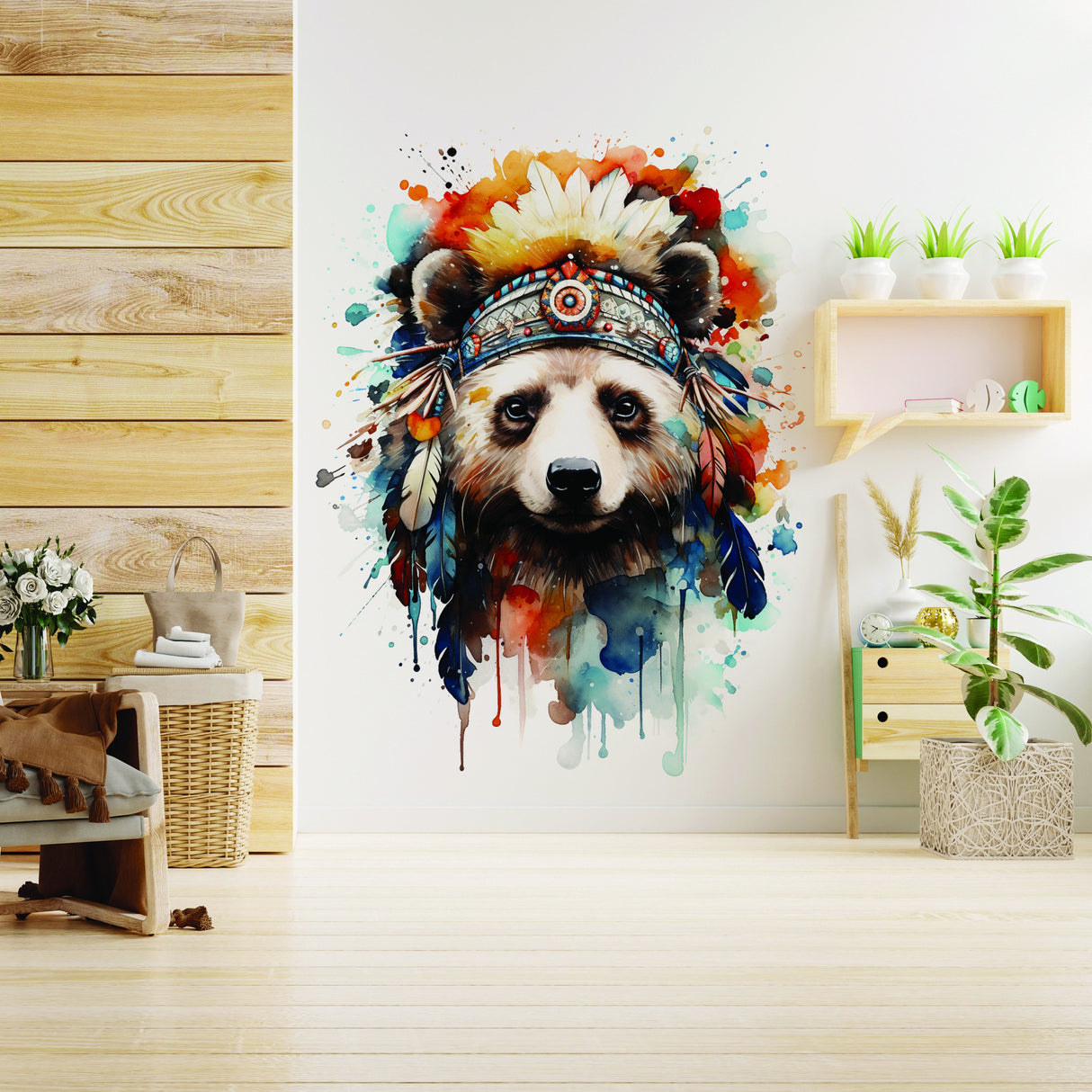 Watercolor Baby Panda Wall Decal - Panda Bear with Indian Feather Hat Nursery Sticker