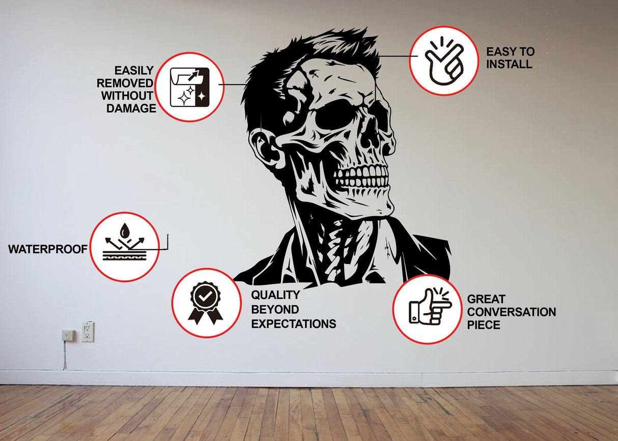 Halloween Skeleton Face Vinyl Decal - Businessman Skull with Hair Wall Art