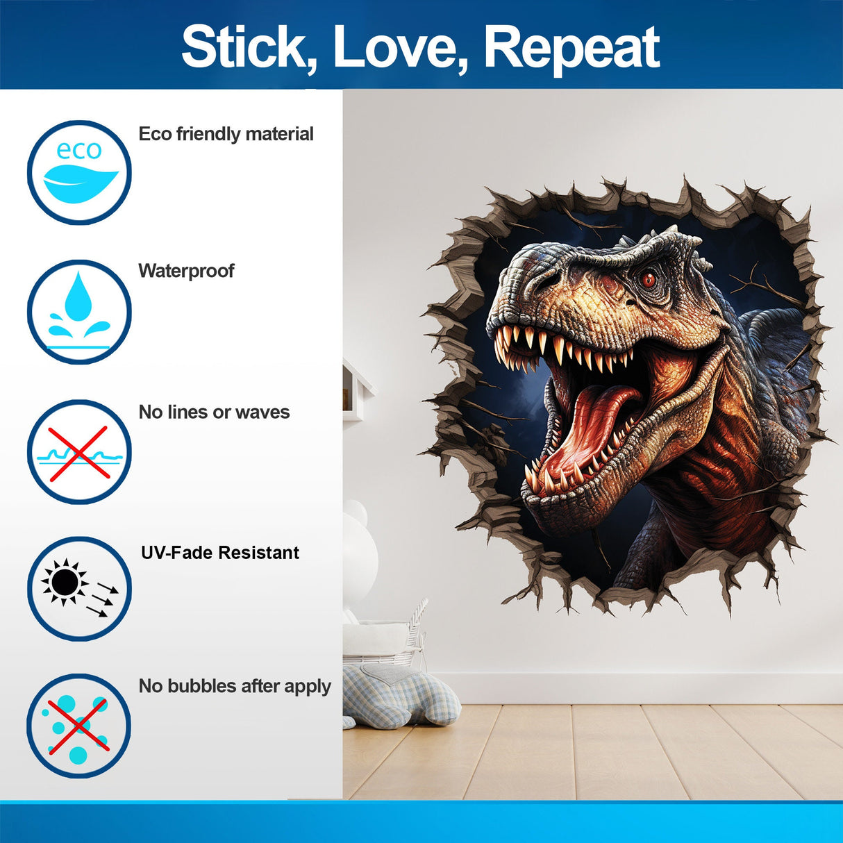 3D Dinosaurs Wall Decal - Peel and Stick Illusion Porthole Sticker - Cracked Wall Art Mural