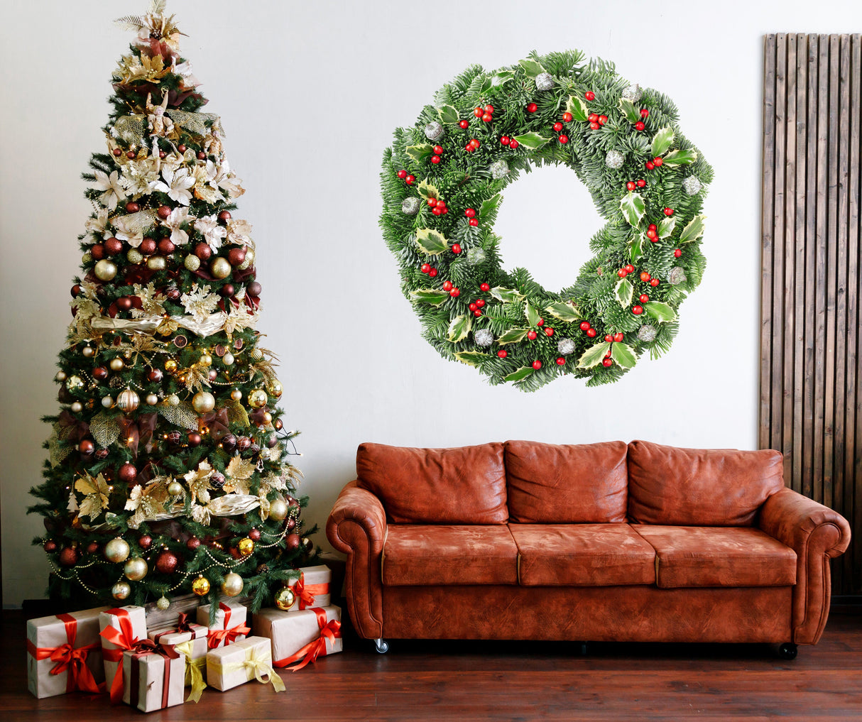 Verdant Christmas Wreath Wall Decal - Green Leaves with Red Berries Decor Sticker