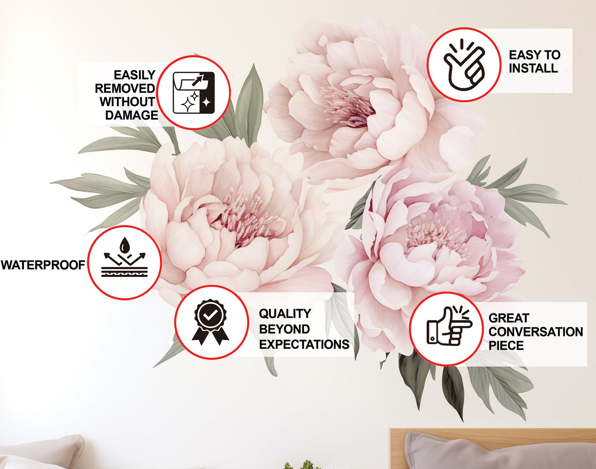 Lush Watercolor Peony Wall Decals - Vibrant Bloom Peel and Stick Adhesives