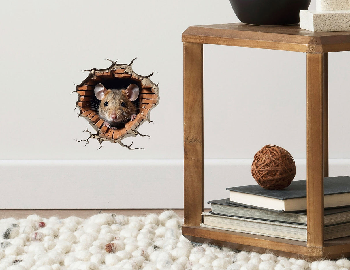3D Mouse Hole Wall Sticker - Realistic Mouse Peeking from Mousehole Decal for Whimsical Room Decor