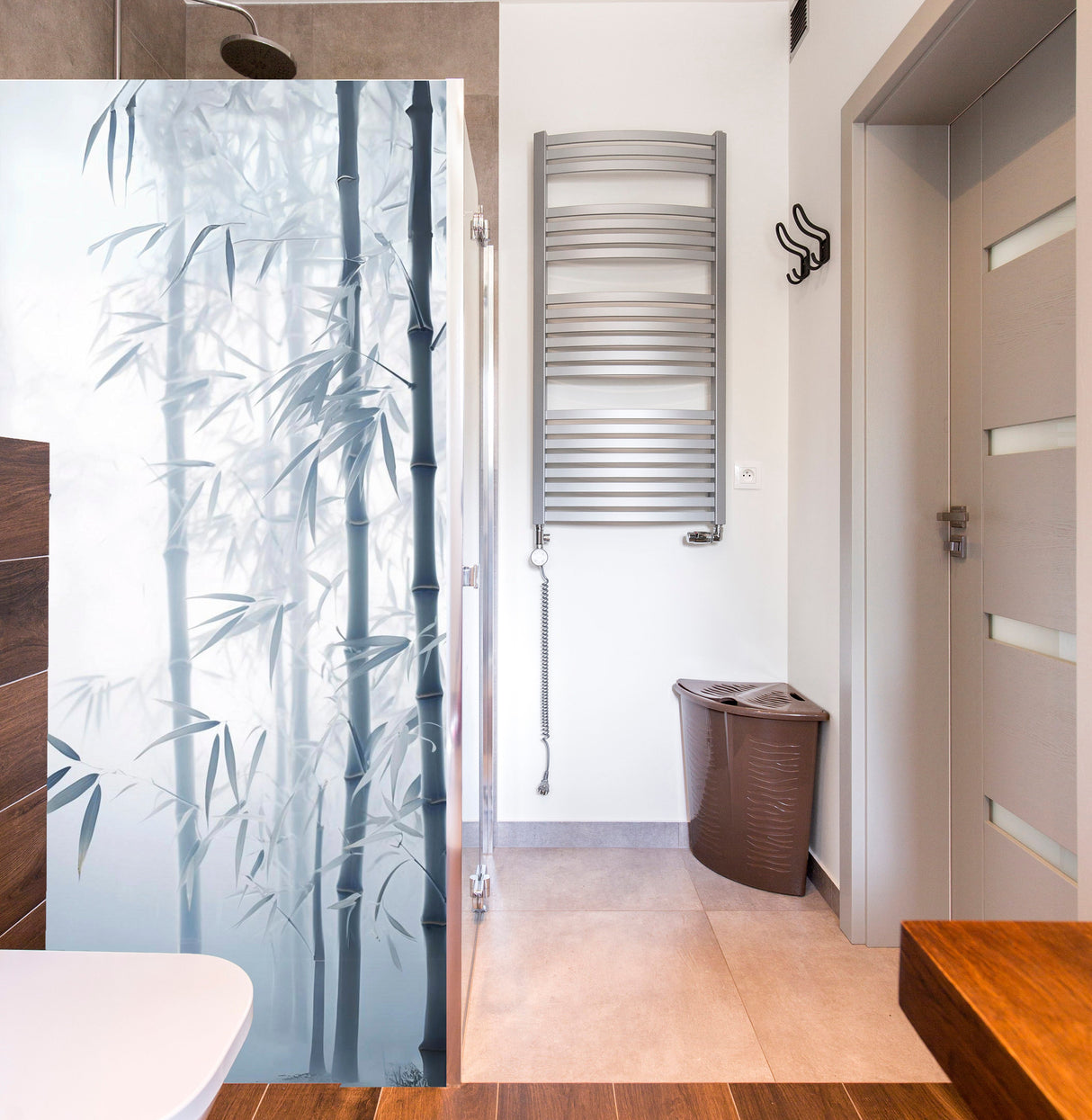Tranquil Bamboo Forest Shower Glass Door Sticker - Ethereal Misty Reed Decal for Bathroom Privacy - White Blurry Foggy Cane Plants