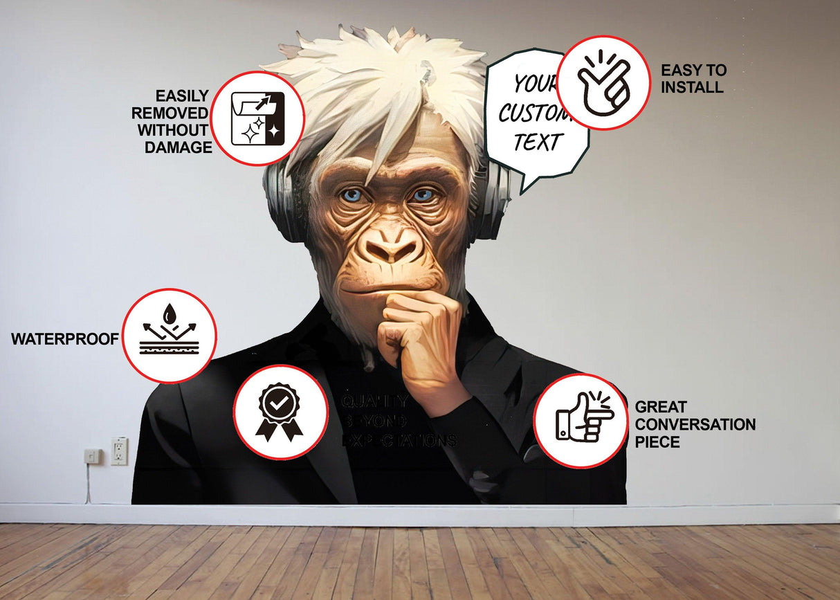 Wise Thinking Monkey Sticker with headphones, custom text bubble, showcasing features like removable, waterproof & easy to install.
