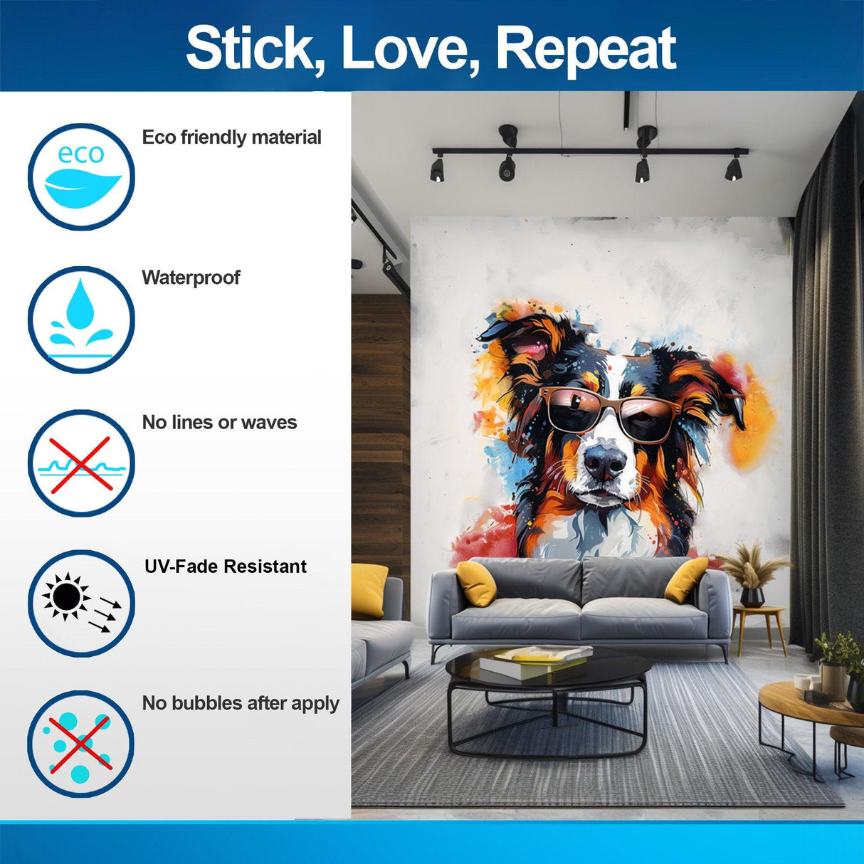 Bright Australian Shepherd wall decal with sunglasses, colorful watercolor art in living room setting.