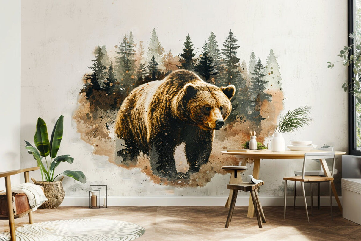 Bear in Forest Wall Sticker - Textured Art Vinyl Nature Bruin Decal Mural
