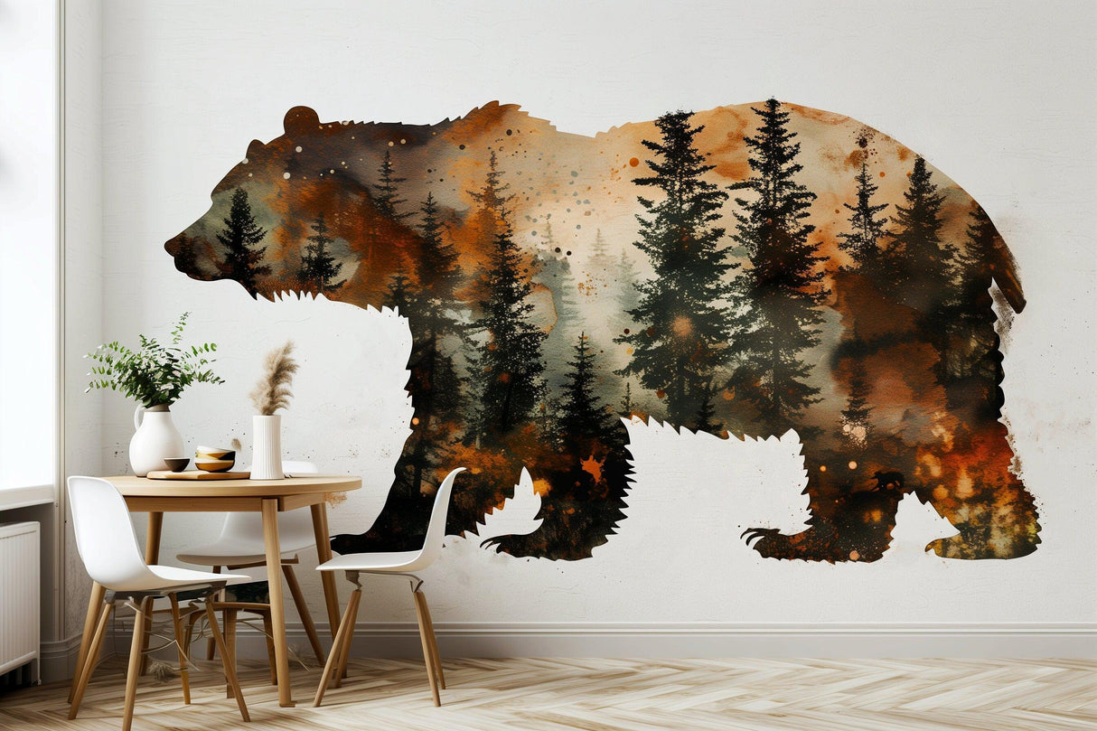 Autumn forest bear silhouette wall sticker in rustic home decor, featuring trees and earthy colors.