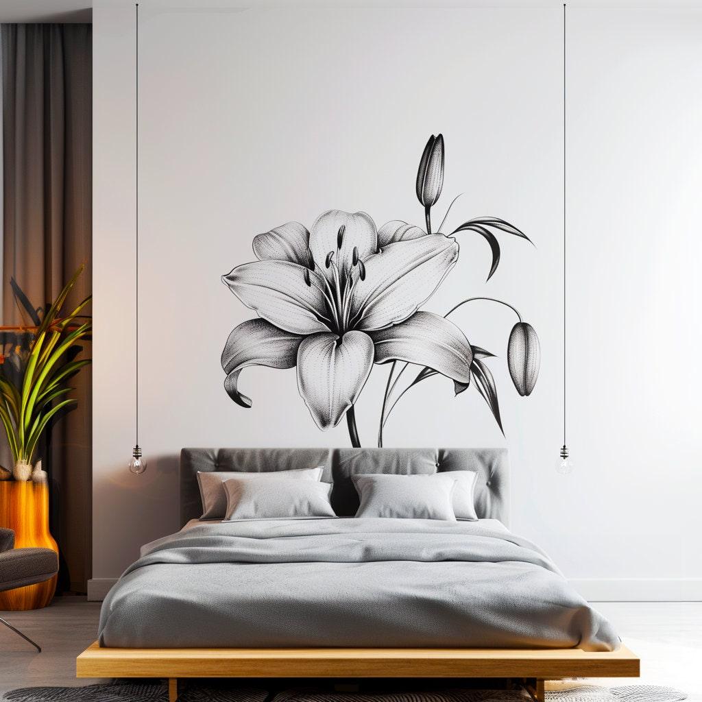 Elegant black and white lily bloom wall sticker in a stylish bedroom decor setting, enhancing the ambiance.