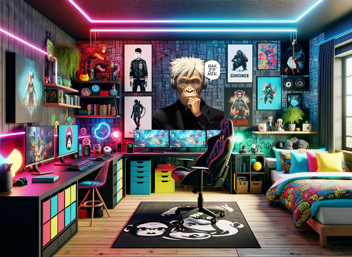 Colorful gaming room featuring a Wise Thinking Monkey wall decal, vibrant decor, and modern tech setup.