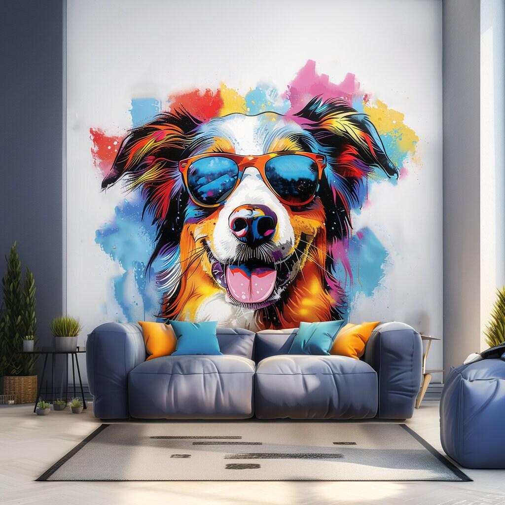 Colorful Australian Shepherd in sunglasses wall sticker, vibrant decor for pet lovers, brightens living space.