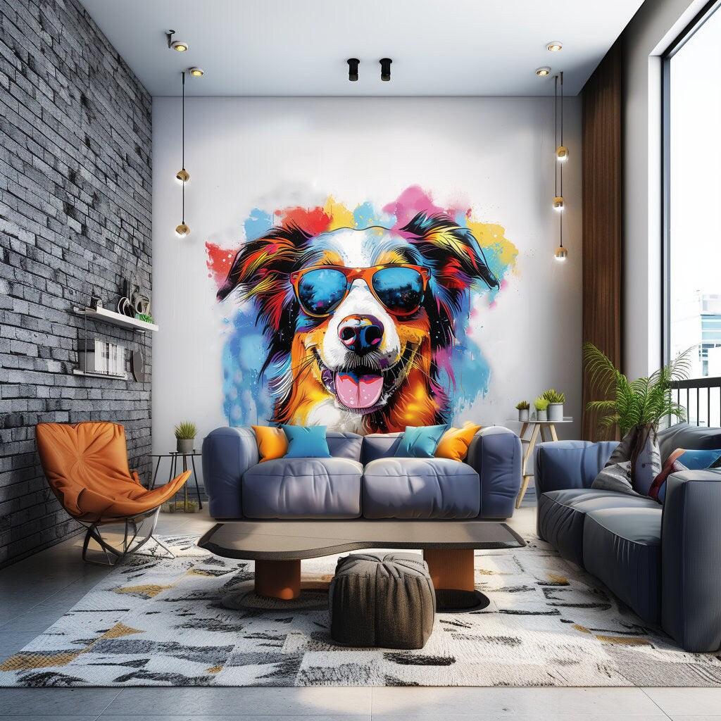 Vivid Australian Shepherd in sunglasses wall sticker, colorful pet art decal for home decor.