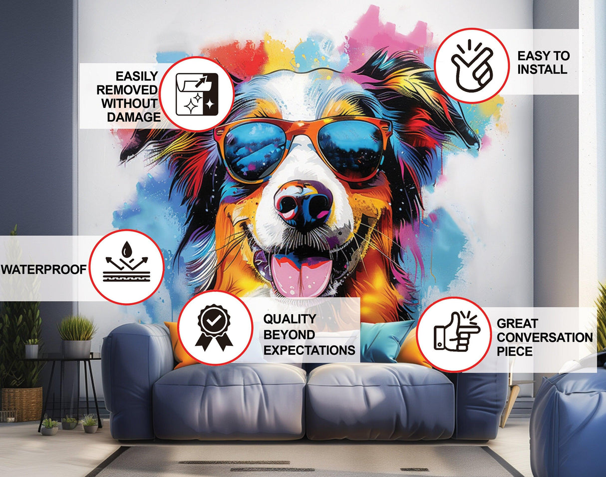 Colorful Australian Shepherd wall sticker in sunglasses, bright watercolor art for home decor, easy to install and remove.